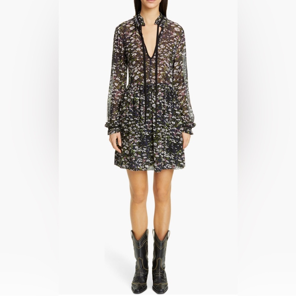 EUC Ganni Long Sleeve Floral Print Georgette Dress size US6/EU38